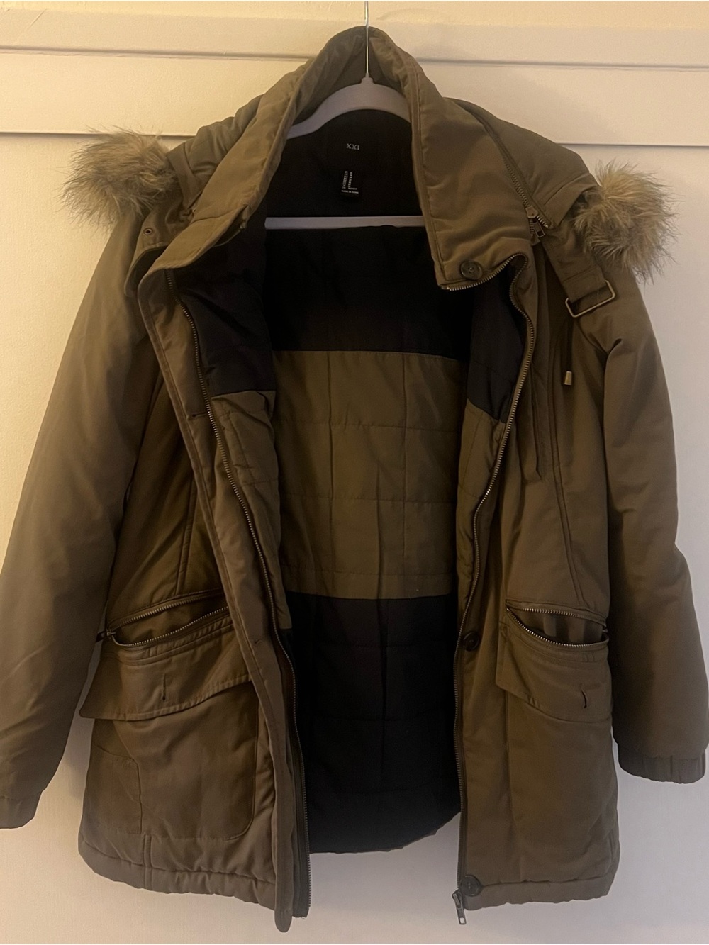 Forever 21 Women's Olive Faux Fur-Trim Puffer Jacket